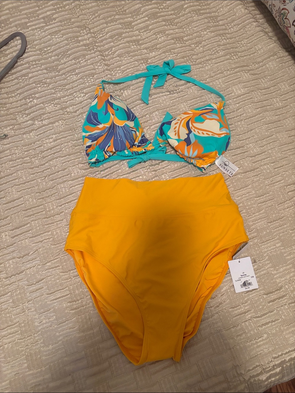 Turquoise & Yellow Floral Bikini Set size DD top and 14 bottoms by sunsets